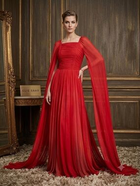 Elie Saab Cape-Back Silk-Blend Gown In Red